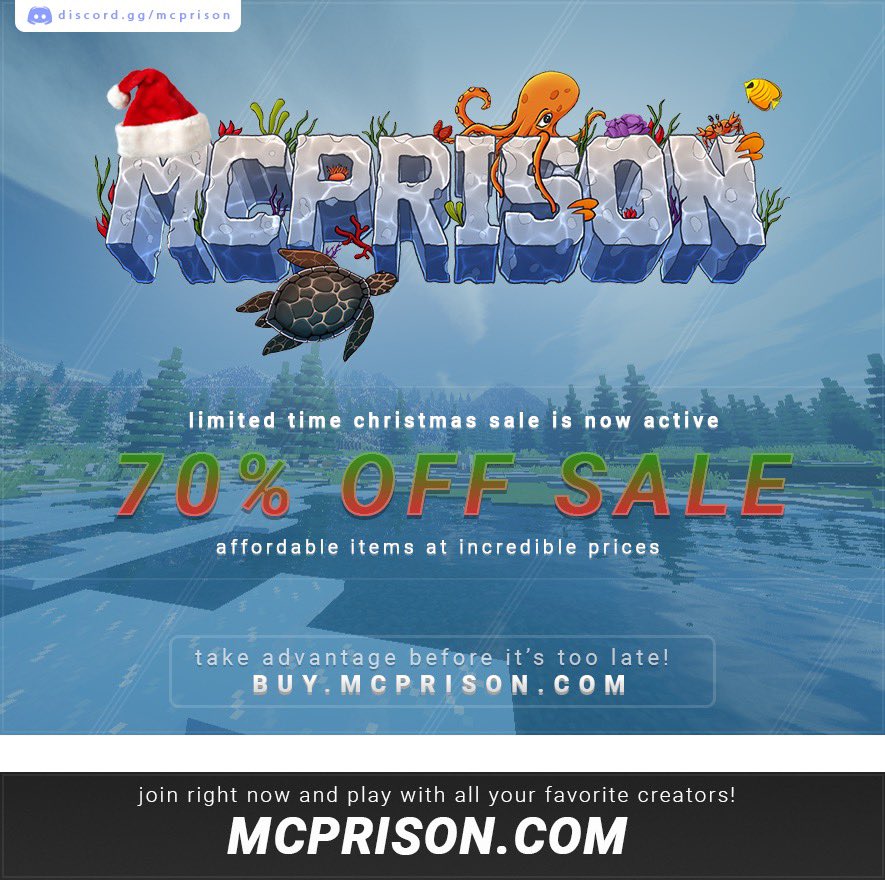 MCPrison's tweet image. 🚨 HUGE CHRISTMAS SALE 🚨

🛒 Get up to 70% off of everything on our store during our limited time sale! This sale leaves our store on Dec. 29th at 11:59 PM EST.

🔗 buy.mcprison.com

Retweet &amp;amp; Follow for the chance to win Admiral rank on Pacific! Winners picked Monday. ❤️