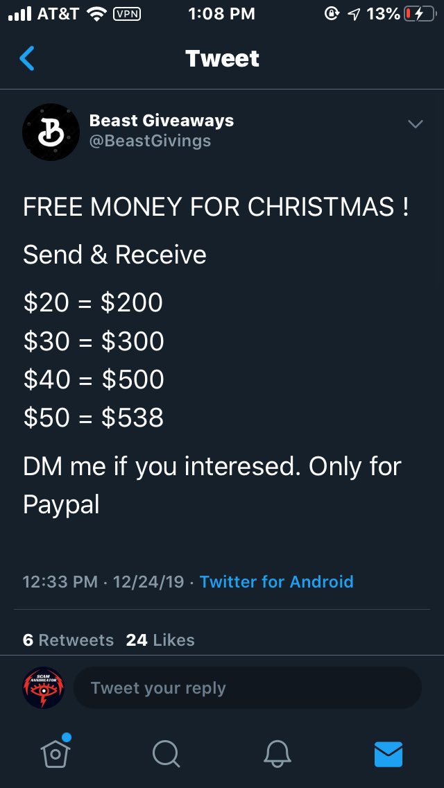 ScamAnnihilator's tweet photo. Everyone please #RUB - Report, Unfollow and Block @BeastGivings #BeastGivings! He's another #scammer! A #MoneyFlippingScammer! He's just like the others! #ScamAlert #Scammer #MoneyFlipper #MoneyFlippingSchemes #TwitterSafety #Twitter #TwitterScam πβπ¨ Don't become a victim! https://t.co/C7TkAmcg3h