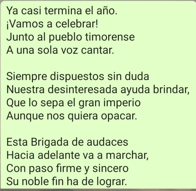 Ya casi termina el año.
¡Vamos a celebrar!
Junto al pueblo timorense
A una sola voz cantar.
#CubaPorLaSalud  #CubaCoopera #SeguimosEnLucha #VamosPorMás @MINSAPCuba @japortalmiranda @MarciaCobas @embacubatimor1 @jorge_bustillo @cubajernesto @cuba_coopera @DrJuanCarlosCh1