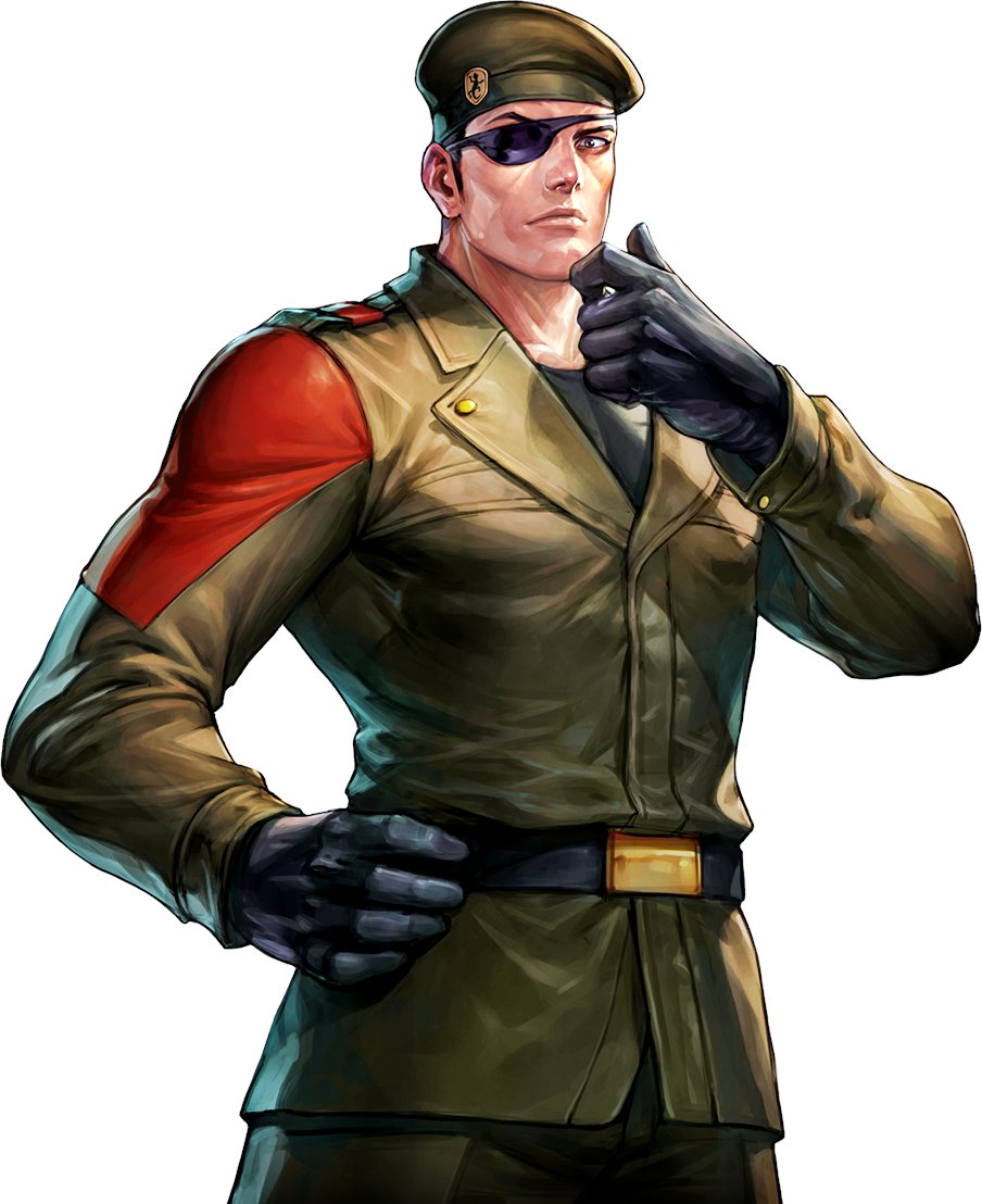 HEIDERN - "General of the Soldiers of Fortune"Age: 43Country: ???Team: Ikari Team (originally known as Brazil Team)Origins: KOF '94a high-ranked military commander, he lost his eye and family to rugal bernstein and has pursued him ever since. heidern is a codename.