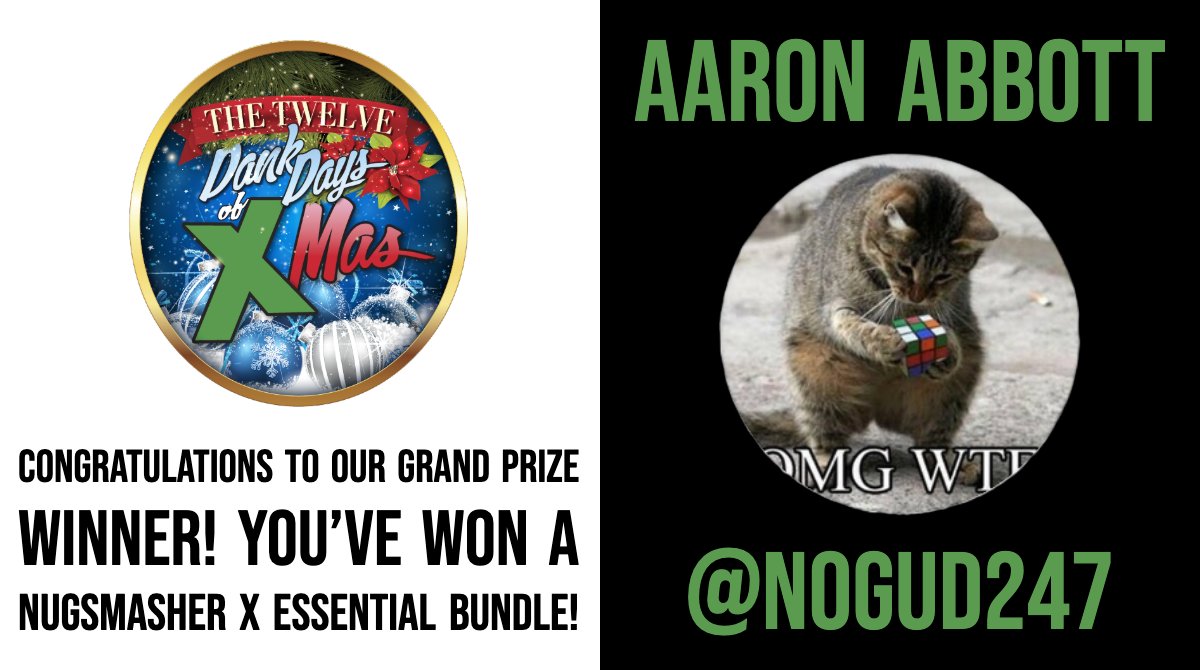 Nugsmasher's tweet photo. Let's give a huge congratulations to our winner Mr. Aaron Abbott @nogud247! A huge thank you to everyone who participated. Blessings to every Smasher and their families, and have a safe high holiday. #12DankDaysofXMas #NugSmasher #THC #Rosin #contest #retweet https://t.co/lgS6p0LjB3