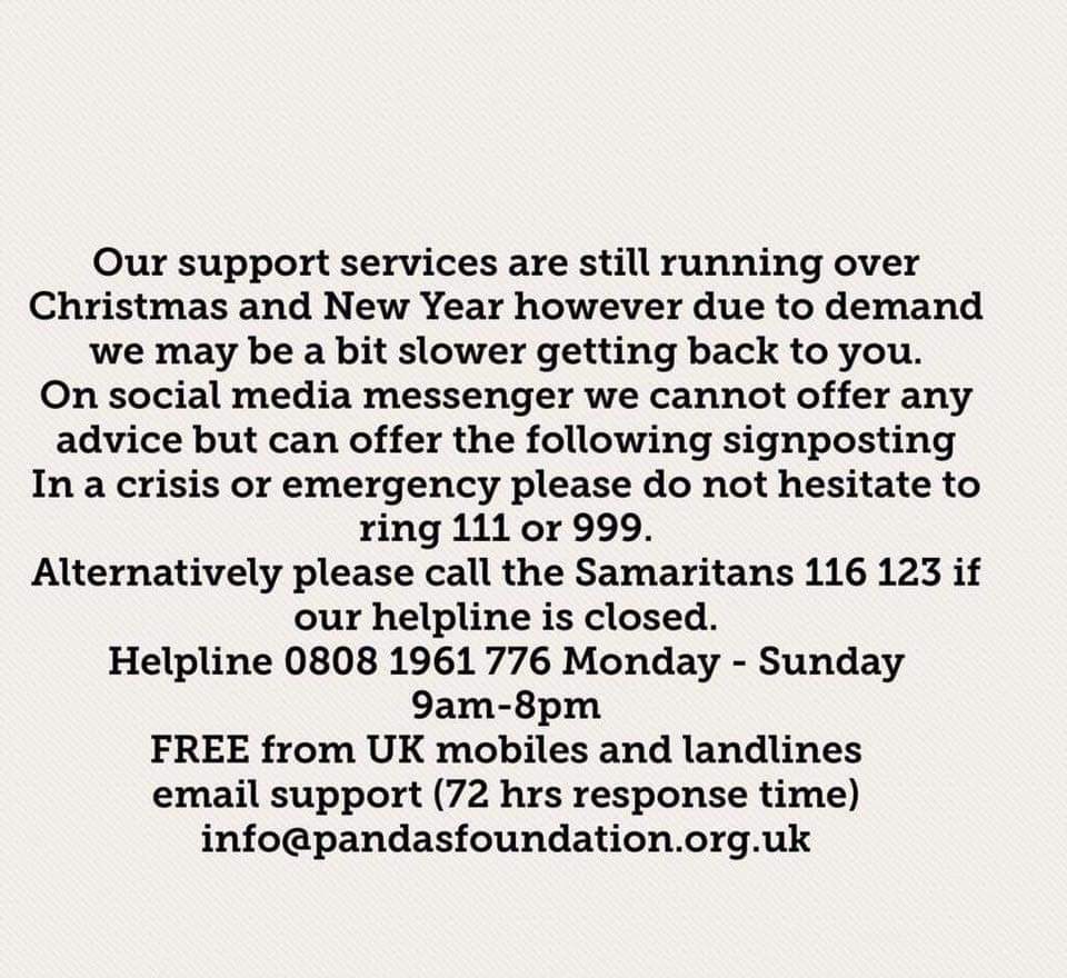 SA_Missy's tweet photo. @Pandas_uk are open over the holidays for anyone who is struggling. Please see below for signposting numbers or contact @samaritans #MentalHealthMatters #GetTheInsideOut #MentalHealthAwareness #MentalHealth #PND @PNDandMe https://t.co/ugDBk9249Y