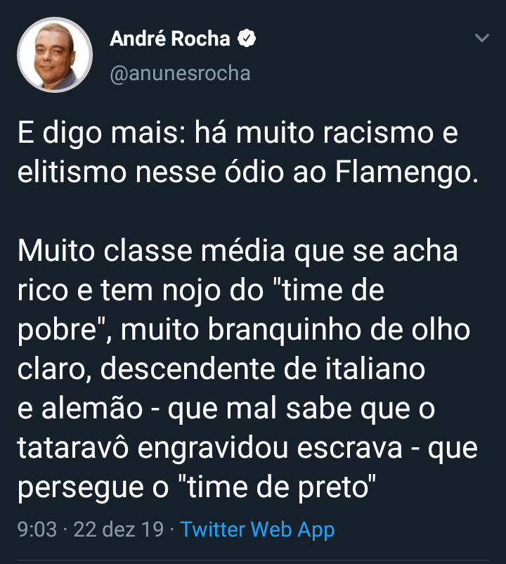 Agora só pode assinar contrato com empresas que o comentarista concorda. Ou seja, empresas que tenham o mesmo viés político dele. Também não se esqueça que é coisa de racista zoar um flamenguista. 

O jornalismo(esportivo) foi tomado pela lacração e respira por aparelhos! 👎