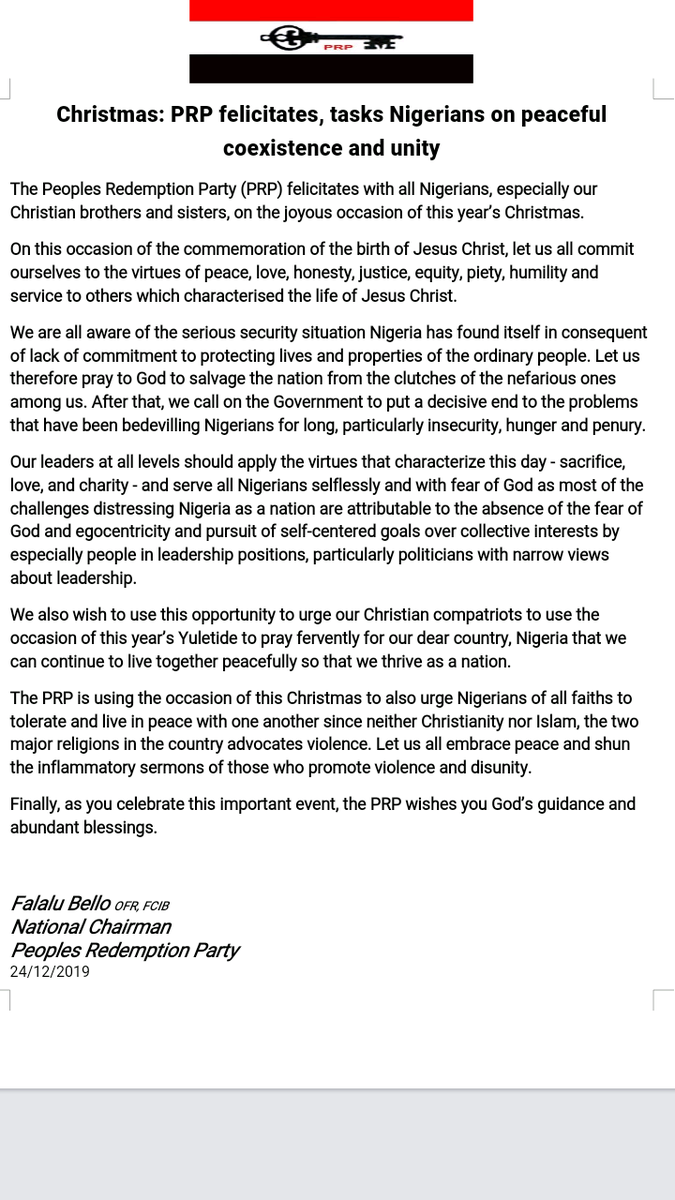 FBelloPRP's tweet photo. Christmas: PRP felicitates, tasks Nigerians on peaceful coexistence and unity. https://t.co/q9y9BKAJTn