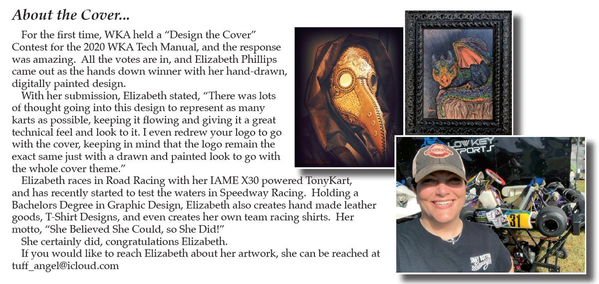 WKA_Karting's tweet image. As your WKA Tech Manuals reach you, here is some information on the artist and racer behind the cover art, Elizabeth Phillips #413 . Thanks again, Elizabeth, for your work on this! #Karting #TechManual #CoverArt #Motorsport #Racing