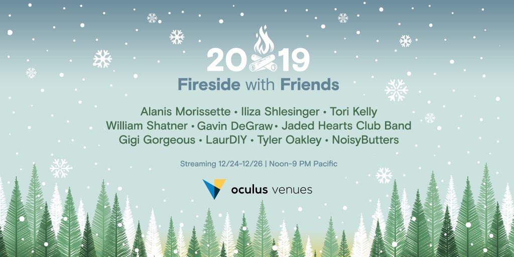 Featuring yours truly + a host of other performances & appearances @ the @Oculus Venues #FiresideWithFriends show, presented by @SupersphereVR! Grab some cheer, a loved one & join the VR festivities RIGHT NOW.  Tickets are free, get yours at ocul.us/firesidewithfr…. #oculusvenues