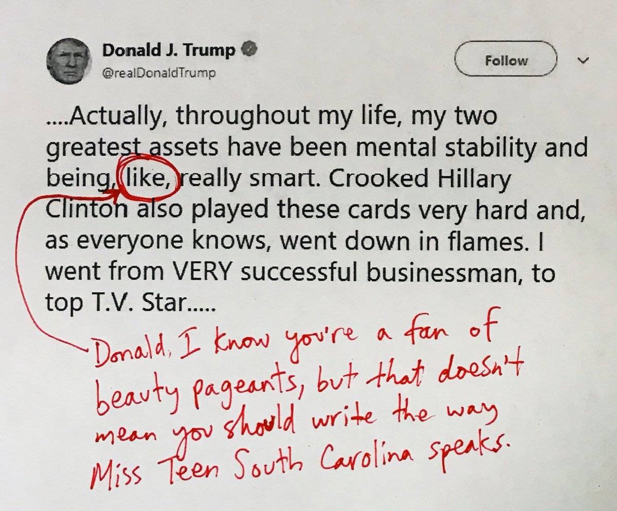 TrumpNeedsTutor's tweet photo. This might be proper diction in the Iraq, but it doesn’t work in American English, @realDonaldTrump. #mentalstability #likereallysmart #CrookedHillary https://t.co/7q9kjuBTYg