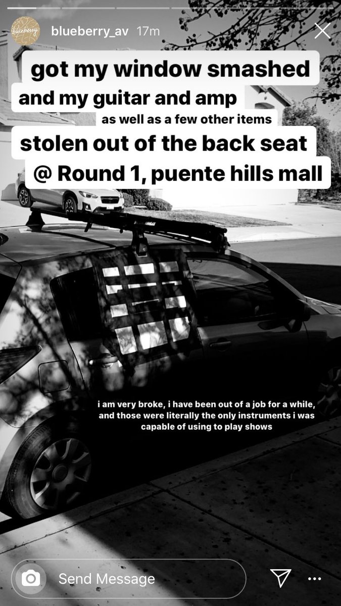 blueberryav's tweet photo. got my gear stolen from my car at Round 1 puente hills mall. if you see my guitar listed somewhere, please let me know. i’m not asking for any money, just a signal boost and a warning to other musicians. https://t.co/Uz2TAfOTyB