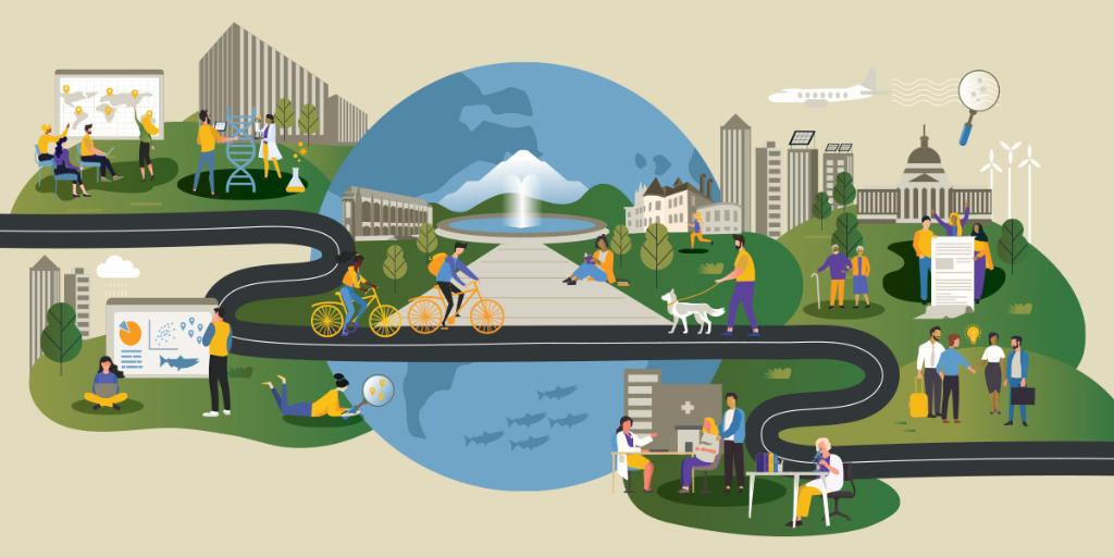 Illustration of a cityscape with a globe in the background