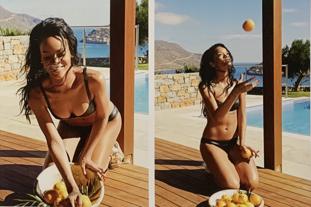 Rihanna photographed by Dennis Leupold on a day off from the Diamonds World Tour with fruit and a blunt in Crete, Greece (2013)