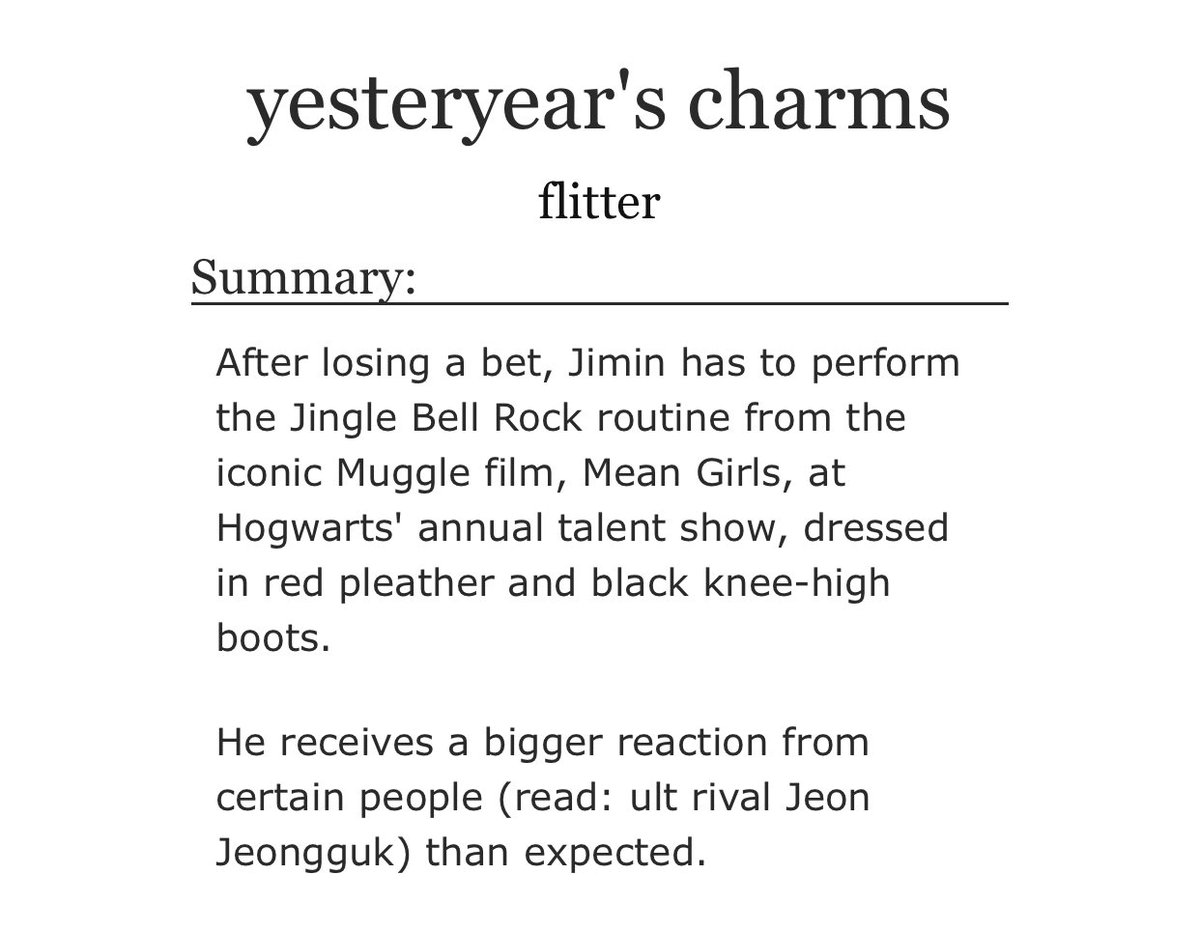 yesteryear’s charms-jikook, side yoonseok and namjin- hp au yall should know i love these aus- jingle bell rock (mean girls vers)- CUTE AS FUCK OK LIKE KOO IS JUST MISUNDERSTOOD- ok both of them basically are misunderstood by each other- gukkie :( https://archiveofourown.org/works/12005220 