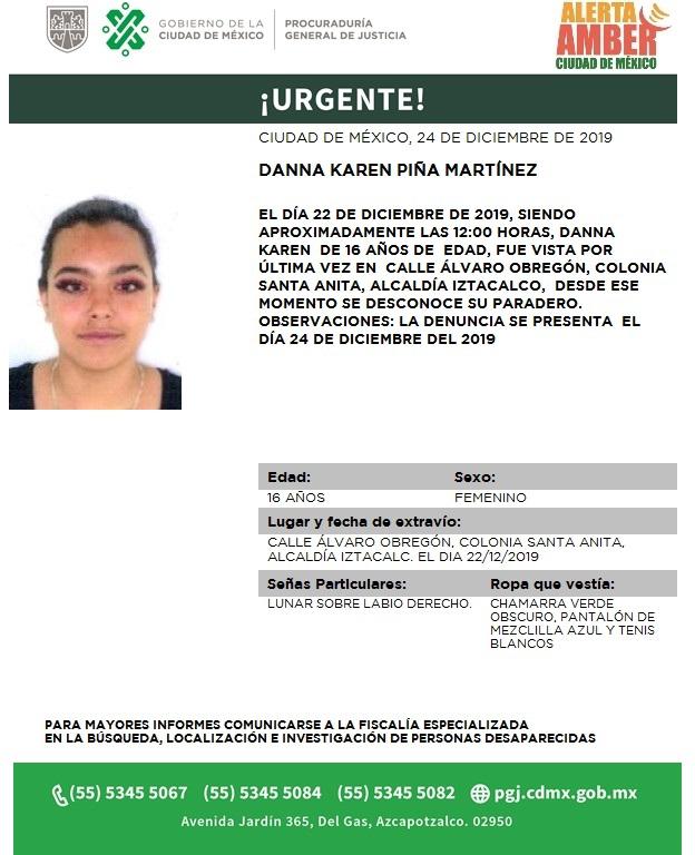 FiscaliaCDMX's tweet photo. Se activa #AlertaAmber para localizar a una menor de 16 años de edad, de nombre Danna Karen Piña Martinéz, fue vista por última vez el día 22 de diciembre del 2019 en la colonia Sta Anita, alcaldía #Iztacalco https://t.co/8uB9hPnAEo