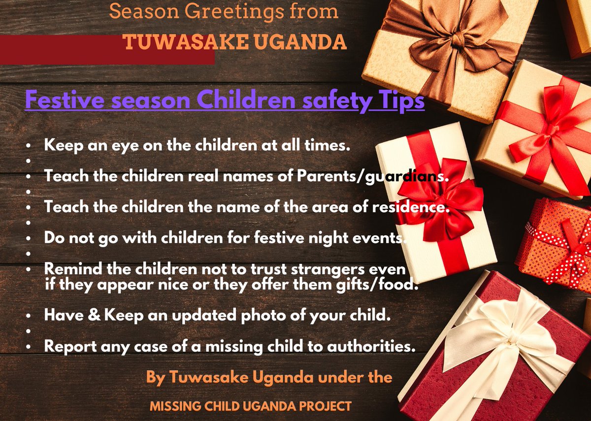 tuwasake's tweet photo. At Tuwasake Uganda, everything we do is for the love of the Children. 
We want them safe this festive season and beyond. Parents/Guardians, let no child go missing this XMAS. 
@newvisionwire @DailyMonitor @ntvuganda @ugandarn @radiowestug @clifflyk #MerryChristmas2019 https://t.co/ND6l5R2TxO
