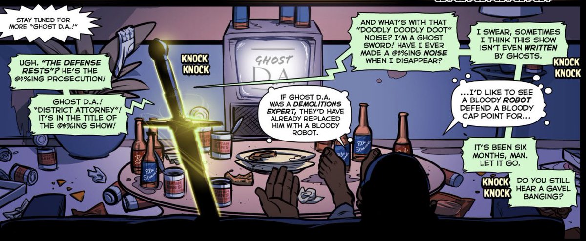 TFTwo_Heavy's tweet image. In “TF Comics #1: Ring of Fired” Demoman is watching a show called “Ghost D.A”, a Attorney based show. In the next comic “TF Comics #2 Unhappy Returns” before his case, Scout is caught reading a book about the series.