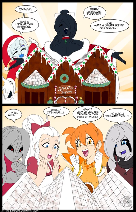 Happy Xmas Day to all of ya! Well almost!

Made a comic of a what-if scene of Salabi &amp; Lichi making a treat for some characters just as a sweet deed. I was gonna use only my own OCs... but it was more fun involving OCs from my friends.

Poor Salabi, all that hard work... <:'D 