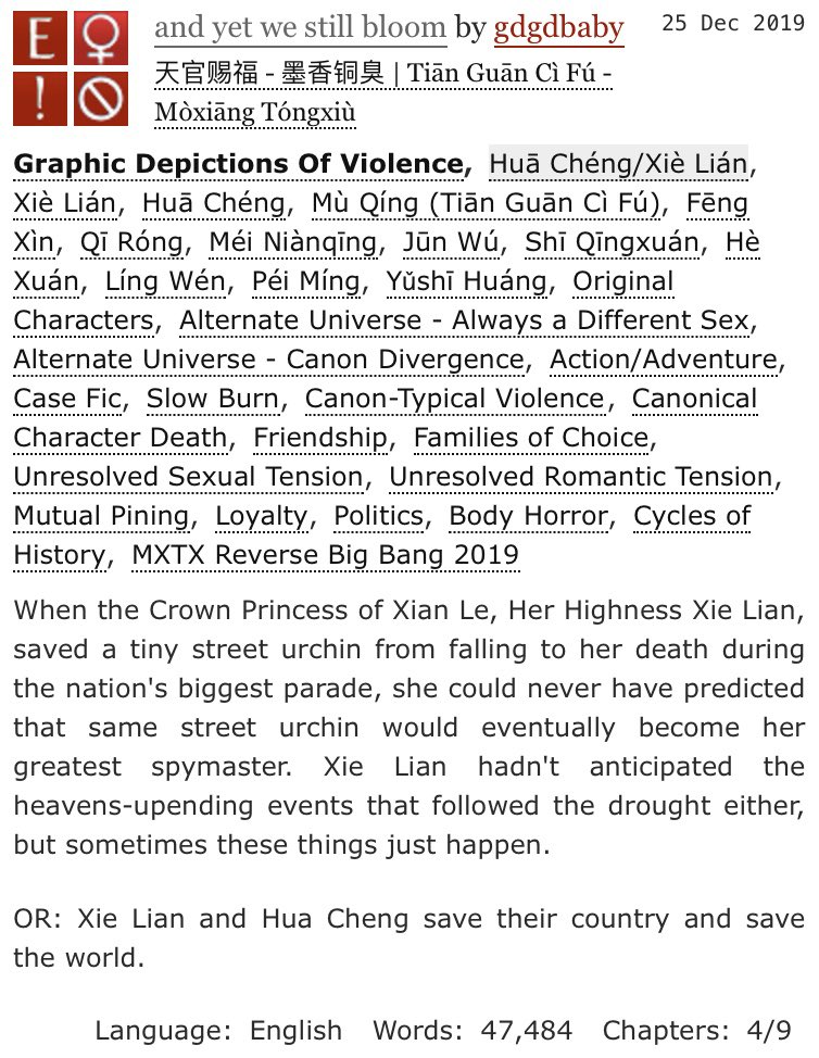 merry christmas and happy holidays to everyone who's celebrating! part three/chapter four of "and yet we still bloom," my f/f #hualian #mxtxrbb2019 story, is up 🥳 #tgcf #天官赐福

archiveofourown.org/works/21562741…