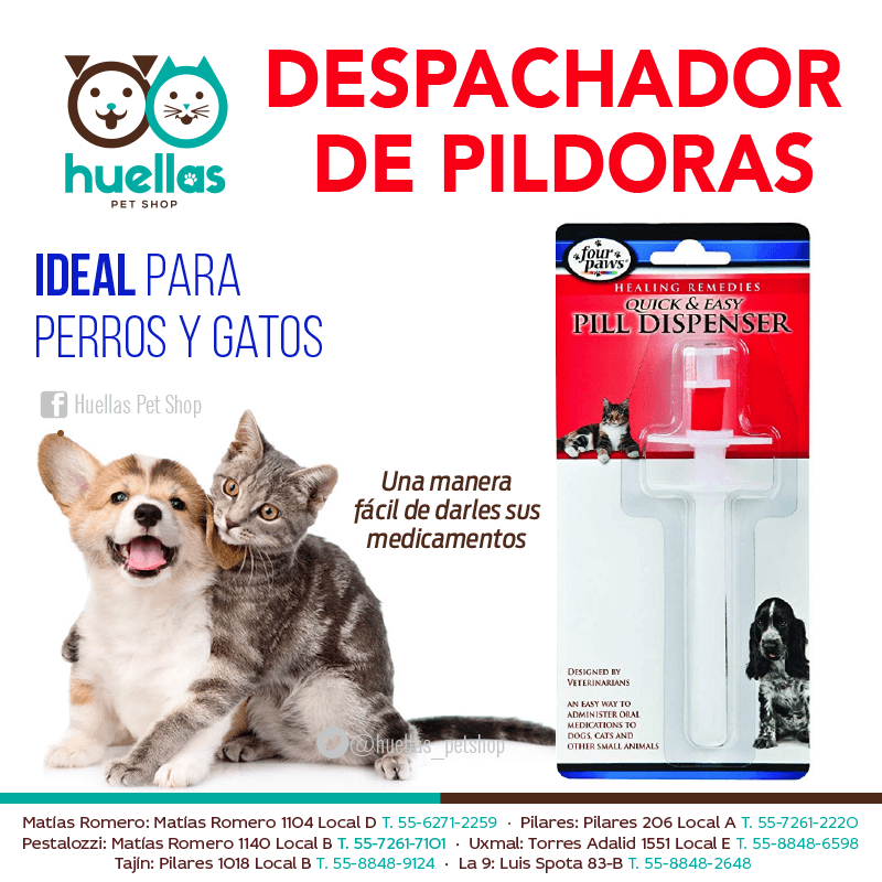 Huellas Pet Shop Mex on Twitter: "👋💊 Con el despachador de píldoras  podrás administrar medicamentos por vía oral a perros gatos de una manera  fácil y rápida. Maximizando el control y asegura