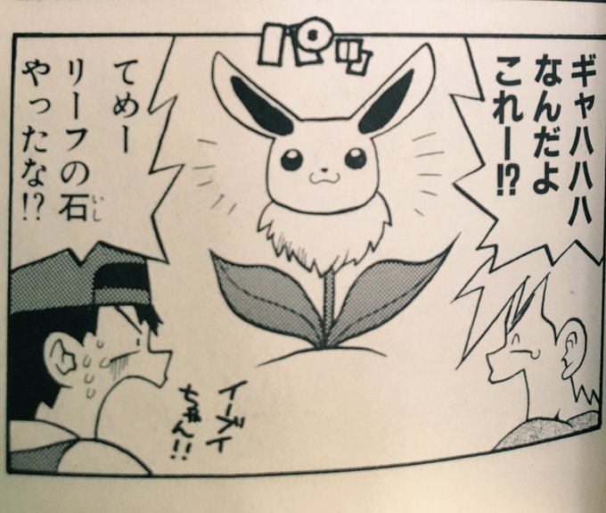 たれ左京 ポケモン剣盾ではリーフィアへはリーフの石で進化するが イーブイにリーフの石と言うと世代的には2枚目の画像なんだよな ちなみにこの4コマ本持ってます T Co Oa4f2uhecp Twitter