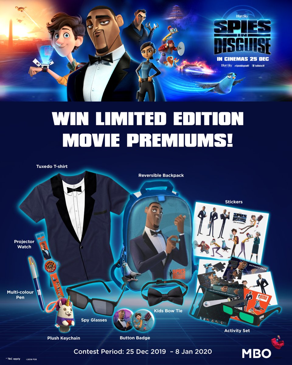 mbocinemas's tweet photo. Join the the contest &amp; stand a chance to win SPIES IN DISGUISE movie premiums!

🐦Follow us &amp; Retweet
🐦Reply this tweet with answer of "Name two gadgets that were invented by Walter in SPIES IN DISGUISE" 
🐦Tag 3 friends
🐦 Hashtag #SpiesInDisguiseMY #mbocinemas https://t.co/znT5FdOreR