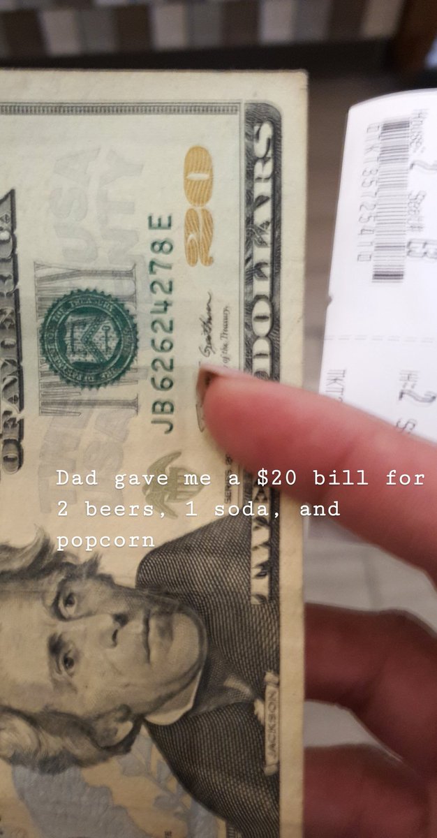 SerenaInSac's tweet photo. Dad gave me $20 to cover 2 beers, 1 soda and a large popcorn at the movies lol #generationgaps #multiple https://t.co/W6wlxlmWyi