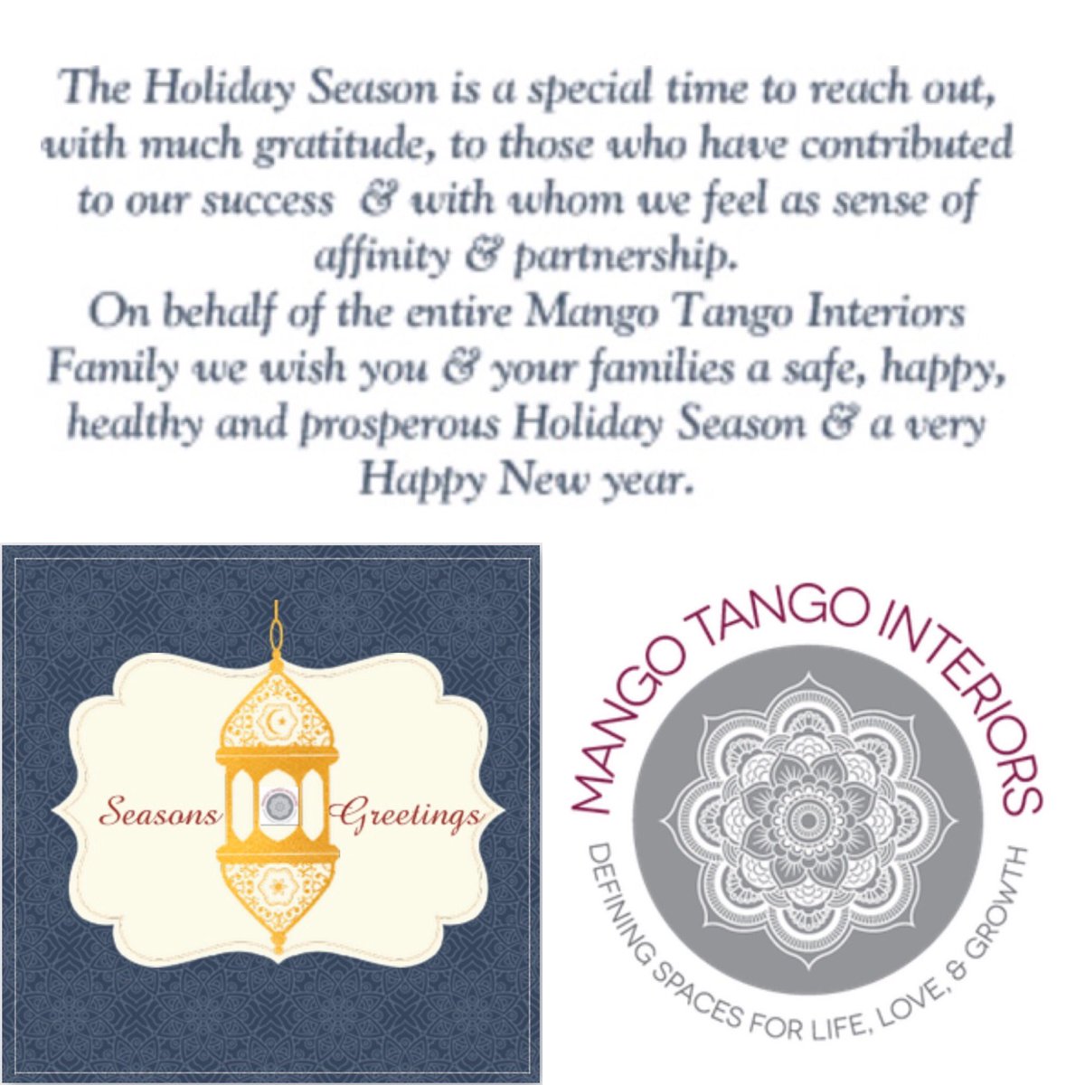 MangoTangoIntrs's tweet photo. The Holiday Season is a special time to reach out, with much gratitude, to those who have contributed to our success  &amp; with whom we feel as sense of affinity &amp; partnership. 
On behalf of the entire Mango Tango Interiors Family we wish you &amp; your families a safe ..... https://t.co/Rrft1xhnZ3