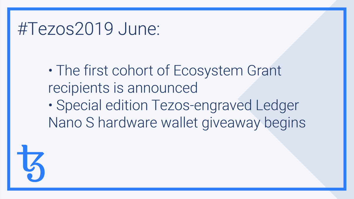 TezosFoundation's tweet photo. The Tezos Foundation had two big announcements in June: the first cohort of Ecosystem Grant recipients and the Ledger Nano S gift!

#Tezos2019 https://t.co/RXwNeETH1m