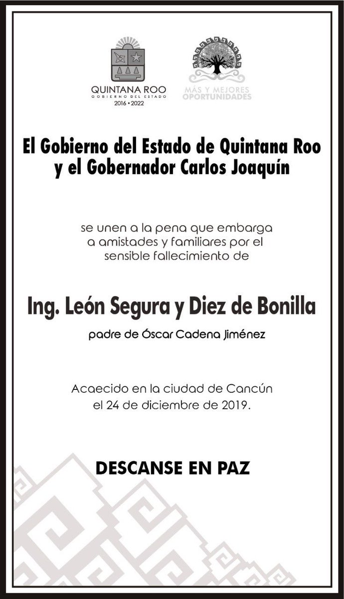 Me uno a la pena que embarga a Óscar Cadena <a href="/infraganti45/">OSCAR CADENA</a> y familia por la irreparable pérdida de su señor padre, el Ing. León Segura y Diez de Bonilla. Descanse en paz.