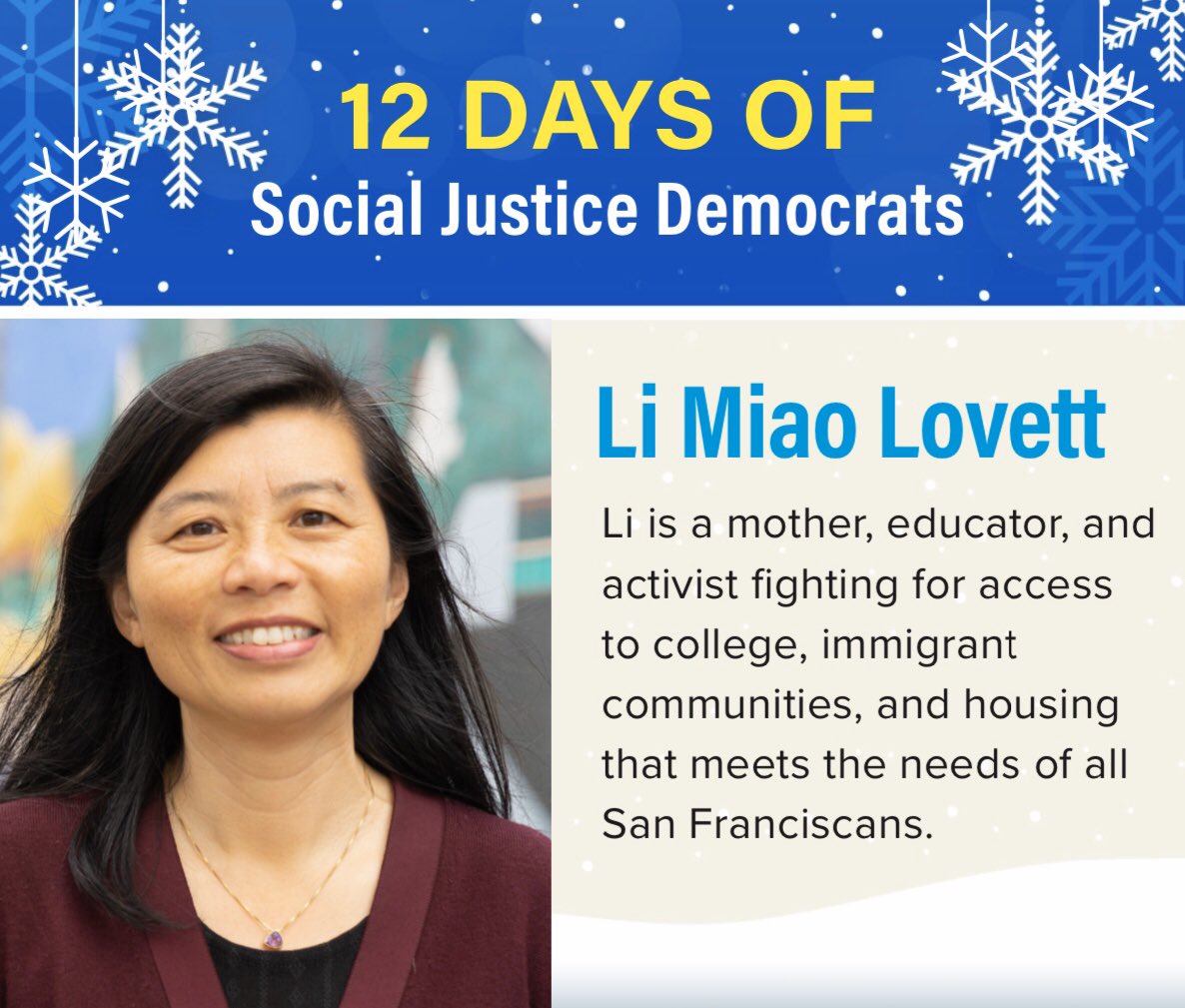 SFDems4Justice's tweet photo. On the last day of ​12 days of Social Justice Democrats​, we have AJ Thomas and Li Miao Lovett. Mark your calendars to vote on March 3, 2020! https://t.co/rPxNf69883
