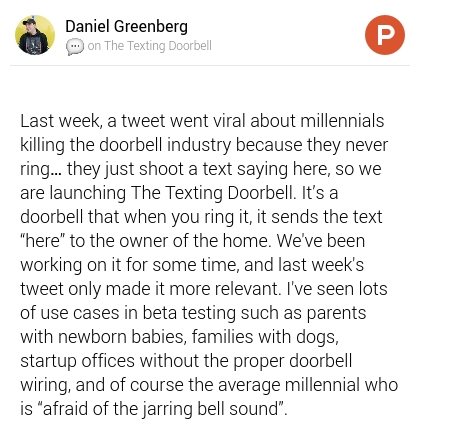 jenkinxia's tweet photo. 💬 @dangreenbergnyc's thoughts on The Texting Doorbell on @ProductHunt https://t.co/wHrPLXEjUw https://t.co/VZ0CyC8itv