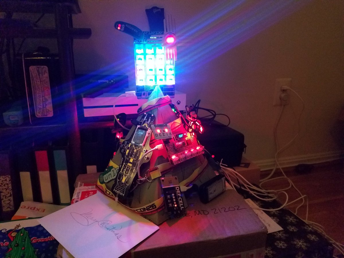 syntax976's tweet photo. Well the xmas tree is up... and it is the best one I have ever had!
@DCZia505 @Aask42 @mediumrehr @BillWeiss @LithoChasm @hamster @dc801 @defcon @LunaSylumDancer @APL3XICON @pwnagotchi #unleet #badgelife #diyChristmas #BestTreeEver https://t.co/ugr8y1ZmHK