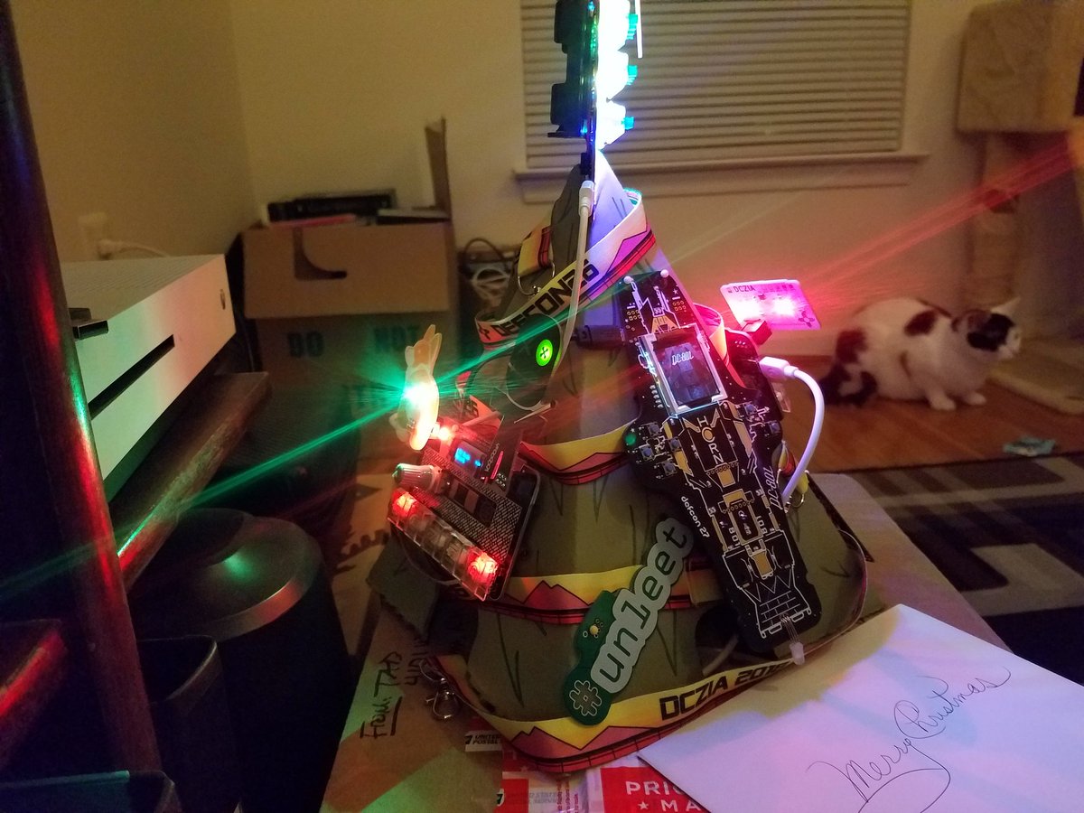 syntax976's tweet photo. Well the xmas tree is up... and it is the best one I have ever had!
@DCZia505 @Aask42 @mediumrehr @BillWeiss @LithoChasm @hamster @dc801 @defcon @LunaSylumDancer @APL3XICON @pwnagotchi #unleet #badgelife #diyChristmas #BestTreeEver https://t.co/ugr8y1ZmHK