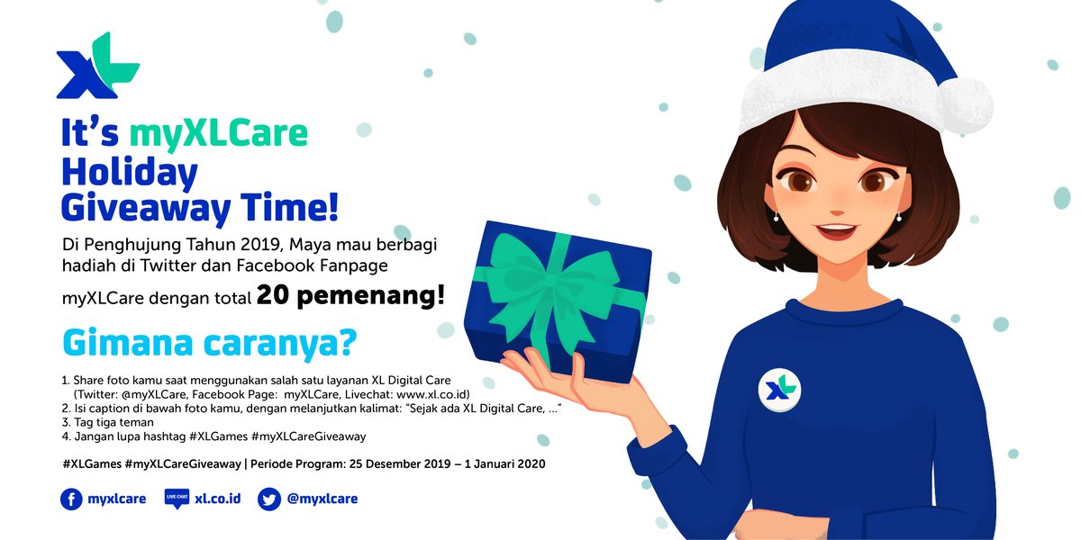 myXLCare's tweet photo. It’s myXLCare Holiday Giveaway Time! 🎉🎁
Waktunya Maya bagi-bagi hadiah utk kamu pelanggan setia XL.

1. Follow akun @myXLCare
2. Follow FB Page myXLCare: https://t.co/xHVxgy1Khp
3. RT, Like &amp; Reply tweet ini dgn jawaban kamu
4. Gunakan #XLGames #myXLCareGiveaway 
5. Tag 3 teman https://t.co/Py8lus8PQ3