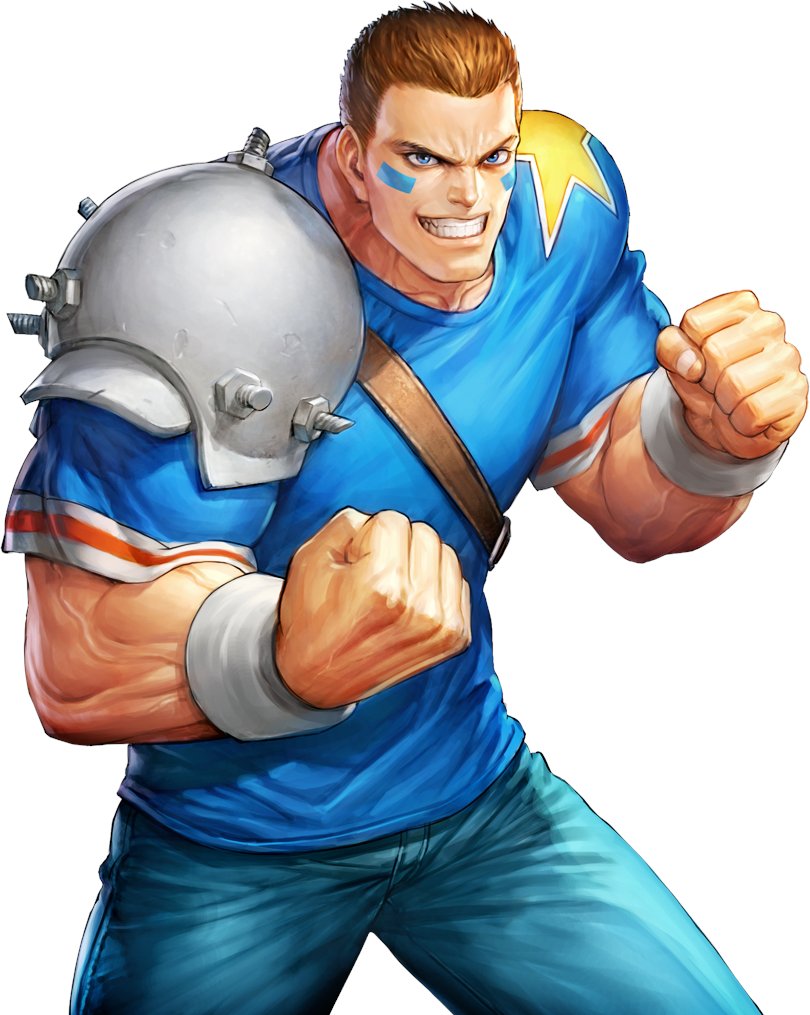 BRIAN BATTLER (no cool title)Age: 29Country: AmericaTeam: American Sports TeamOrigins: KOF '94a rare example of a sloppy, underdeveloped kof character. all there really is to him is that he's angry, unintelligent, and plays football. that's it. really.
