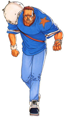 BRIAN BATTLER (no cool title)Age: 29Country: AmericaTeam: American Sports TeamOrigins: KOF '94a rare example of a sloppy, underdeveloped kof character. all there really is to him is that he's angry, unintelligent, and plays football. that's it. really.