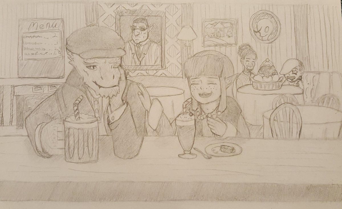 A Christmas drawing for @Rochasaurusrex, featuring Sislo and Tetheril from his book #FlowersofEtrea enjoying themselves at an ice cream social.
This is also officially my first piece of fan-art for the book, more is definitely to follow!