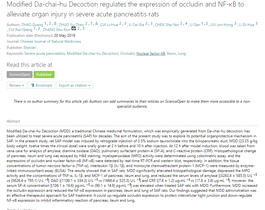 CjnmJournal's tweet image. ‘Modified Da-chai-hu #Decoction #regulates the expression of occludin and NF-κB to alleviate organ injury in severe acute #pancreatitis rats’ an article on #ScienceOpen: scienceopen.com/document?vid=a…