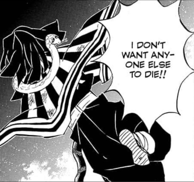 Iguro:                 Iguro's snake:  
                                 
I don't want                  Hey man if 
anyone else to            you're gonna 
    die!!!                         kill yourself 
                                     imma just jump 