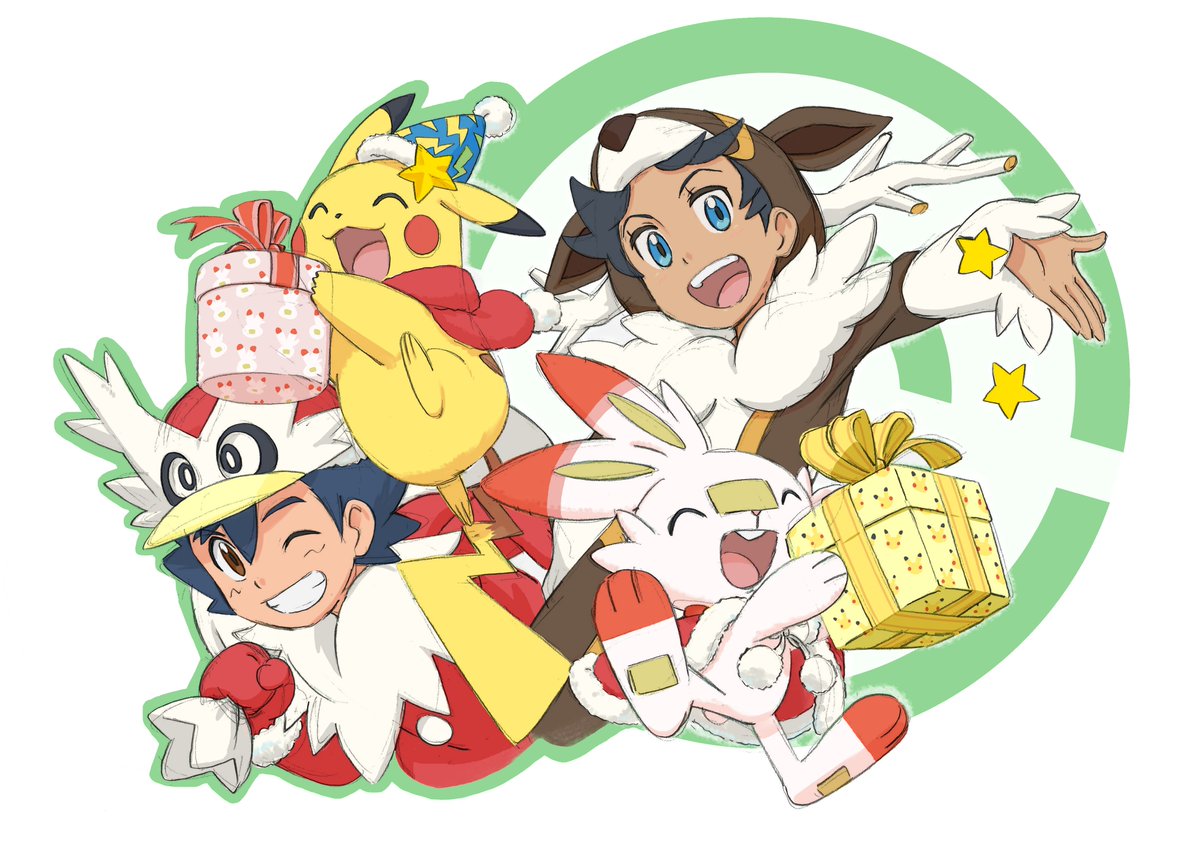 アニメ ポケットモンスター 公式 メリークリスマス アニポケより キャラクターデザインの 安田周平 さん描き下ろしの イラストをお届けします すてきなクリスマスを メリークリスマス アニポケ サトシ ゴウ ピカチュウ ヒバニー