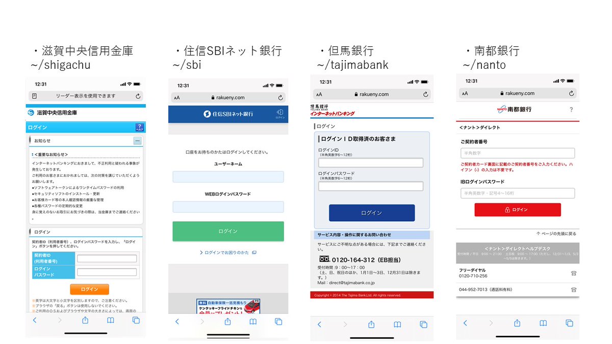 にゃん たく 今回の流れと各銀行のフィッシングサイトのキャプチャをまとめたのでご活用下さい 滋賀中央信用金庫 住信sbiネット銀行 但馬銀行 南都銀行 福岡銀行 北海道銀行 みずほ銀行 大阪信用金庫 ゆうちょ銀行 琉球銀行 三井 にゃん たく 今回の流れと各銀行のフィッシングサイトのキャプチャをまとめたのでご活用下さい 滋賀中央信用金庫 住信sbiネット銀行 但馬銀行 南都銀行 福岡銀行 北海道銀行 みずほ銀行 大阪信用金庫 ゆうちょ銀行 琉球銀行 三井