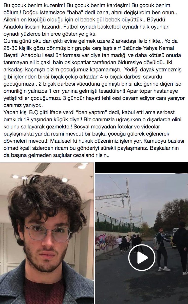Liseli serserilerin başka bir liseli gence saldırdığı ve arkasından kızların kıkır kıkır güldüğü videoyu hatırlıyor musunuz?

Çocuğu bıçaklayan eşkiya serbest bırakılmış.

Normal adaletli bir ülkede, o videoda kıkır kıkır gülenler dahi hepsi içeri boylardı.

Türkiye'de adalet yok