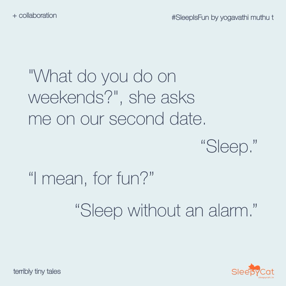 terriblytiny's tweet photo. Yogavathi Muthu T writes a #Collaboration [ 140 ] on #SleepIsFun

With SleepyCat, we celebrate bedtime tales and the love for sleep.

Visit https://t.co/YpqTjupT6m for a very merry offer!

#SleepyCat https://t.co/vCD8QNxPrP