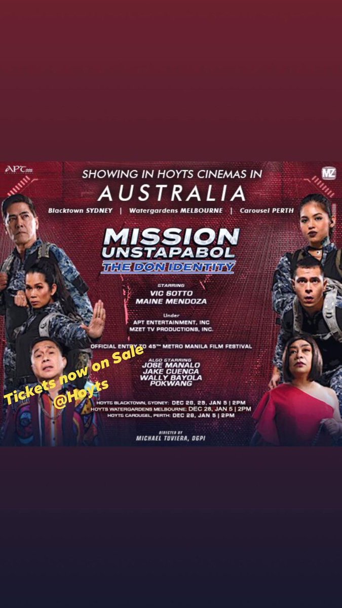 IsaInOz's tweet photo. OZ 3 days to go Buy 🎫 now at HOYTS MISSION UNSTAPABOL Blacktown, Sydney:  Dec 28, 29, Jan 5 2pm Watergardens, Melbourne: Dec 28, Jan 5 2pm
Carousel, Perth :  Dec 28, Jan 5 2pm @mainedcm @EatBulaga @DirekMike @MBUycoco @pokwang27 @menggalurks #MissionUnstapabol #MaineMendoza https://t.co/TebZfjr7ba