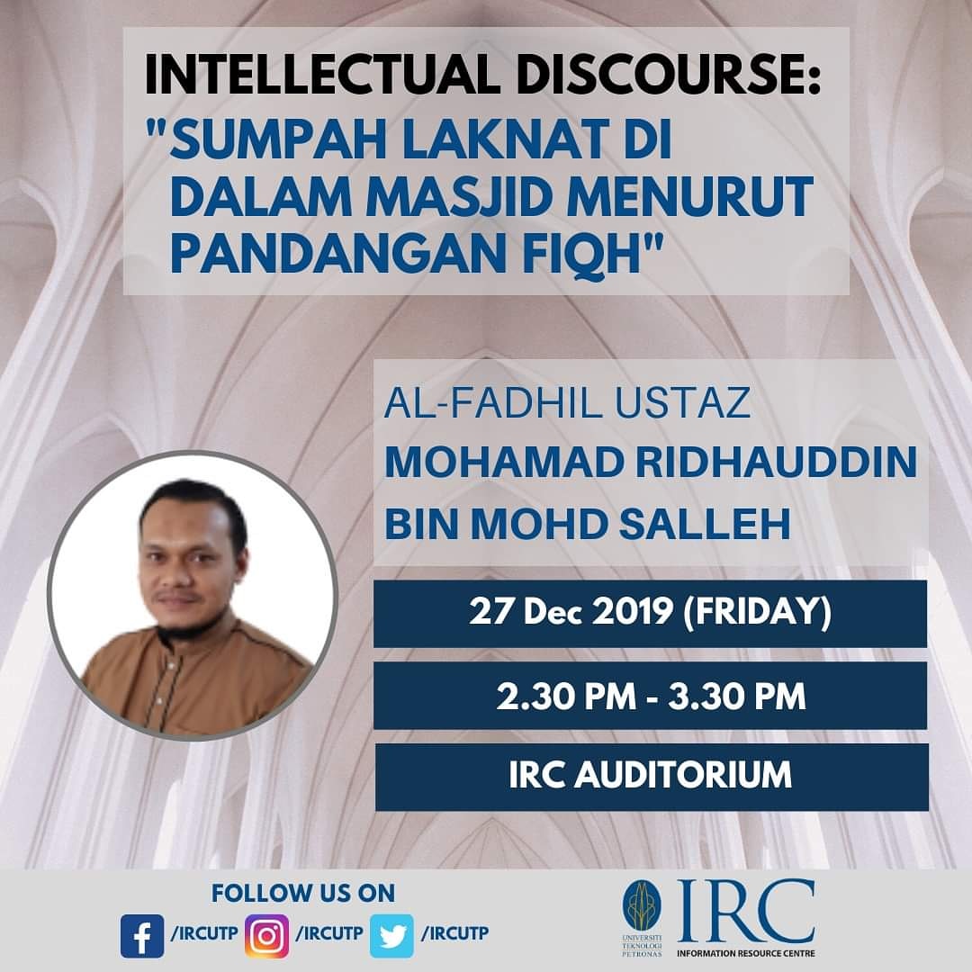 IRCUTP's tweet photo. π SUMPAH LAKNAT DI DALAM MASJID MENURUT PANDANGAN FIQH
π 27 Dec 2019, Friday
β° 2.30 PM - 3.30 PM
π IRC Auditorium
#utpinme #letsgotoirc #utp #library #irc #libraryutp #ircutp #read8utp #readuni https://t.co/hGD8sqJHfW
