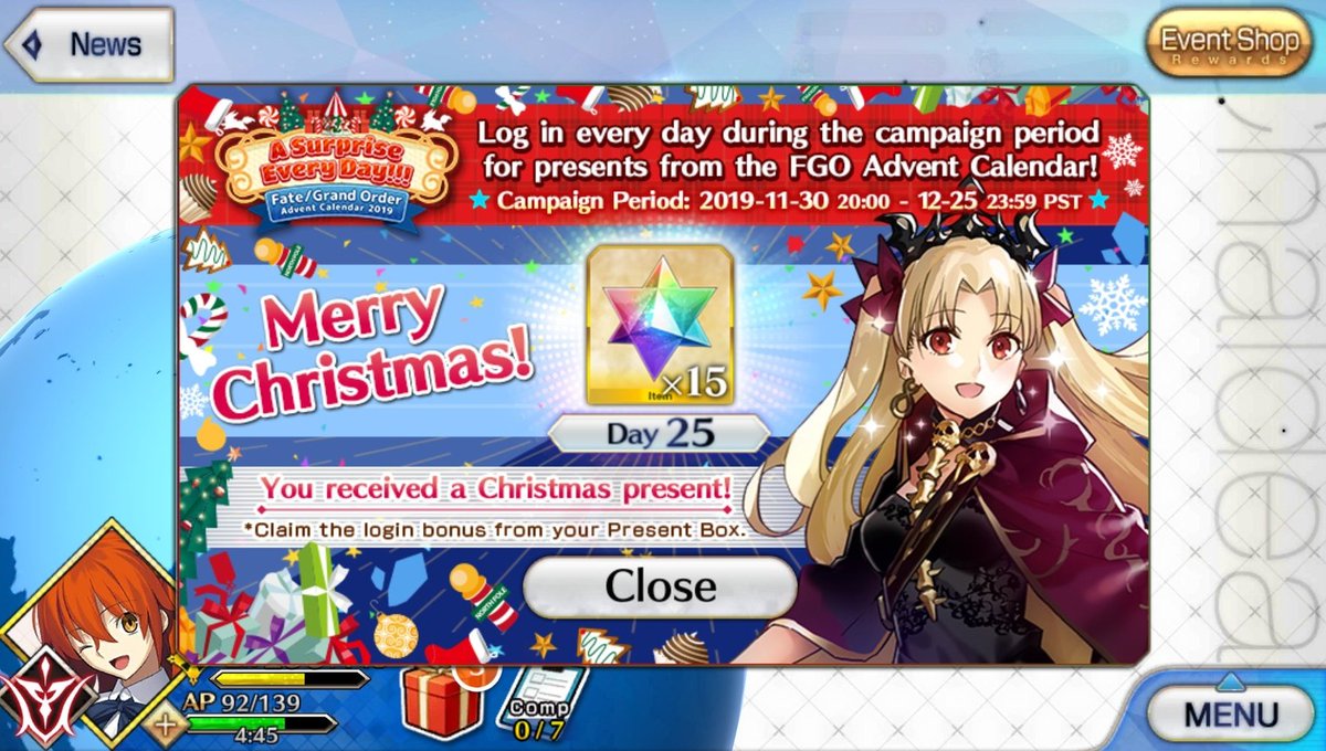 Fgo 海外版だとクリスマスにエレシュキガルから15個聖晶石プレゼントが