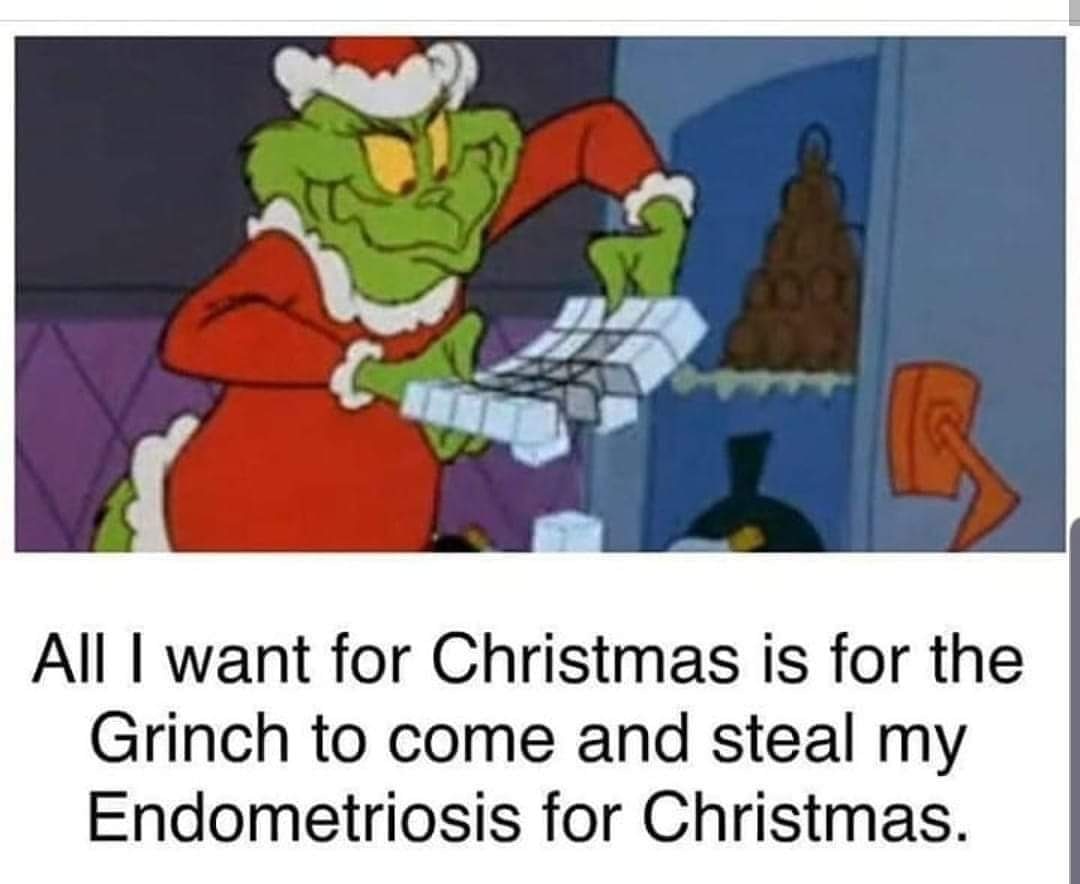 ECANAwomen's tweet photo. The best thing the #Grinch could possibly do.
#endometriosis #fibroids #endo #selfcare #endometrialcancer #endoinspire #endosistersunite #femaleproblems #WOCHealth #femalehealth #uterinecancer #abnormalbleeding #painfulperiods #christmaswish https://t.co/jFs5JzlEzu
