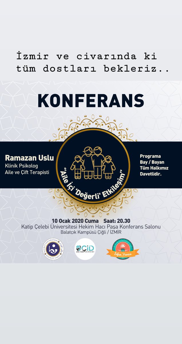 CevherPsikoloji's tweet photo. İzmir ve civarında ki tüm dostları bekleriz...

#İzmir #aile #konferans #RamazanUslu #iletişim #aileveçiftterapisti #mutluyuva https://t.co/ikEO9GKj6u
