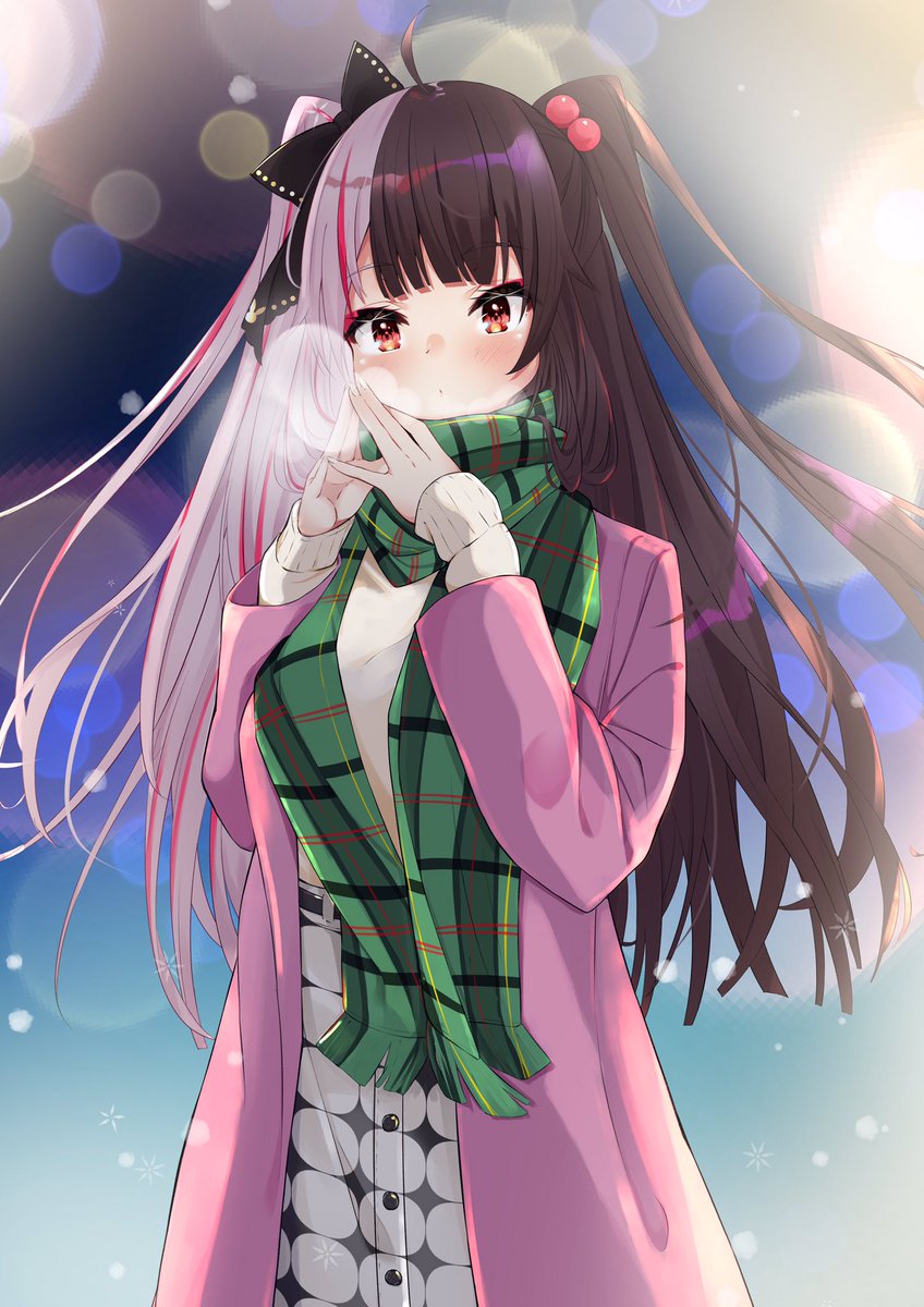 1girl scarf split-color hair solo long hair green scarf plaid scarf  illustration images