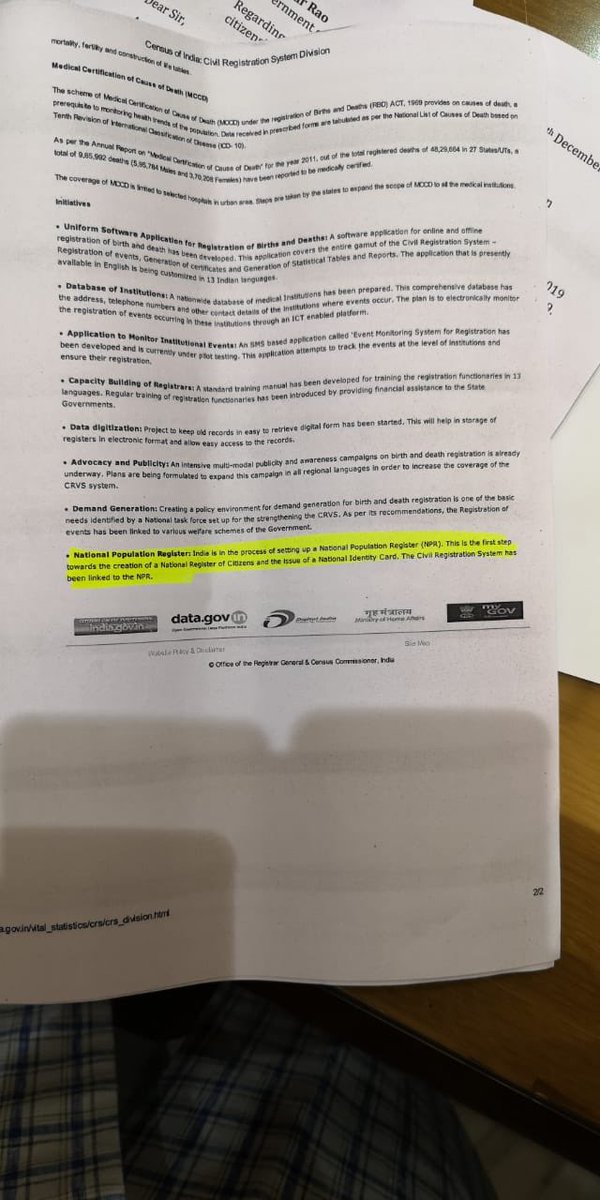 Half a dozen government documents and parliament statements since 2014 explicitly link NPR with NRC. Here are some below. crucially, qs in NPR 2010 and 2019 include key additions including parents details.. hopefully, HM will clarify.. else, the mistrust will grow..