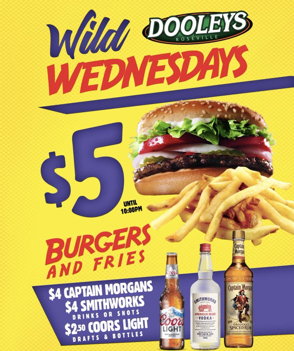 DooleysRosevl's tweet photo. Wild Wednesday’s is at Dooleys! 🍔 All Burgers w/ FF only $5 until 10pm! Plus $4 Captain Morgan’s | $4 Smithworks Vodka | $2.50 Coors Light https://t.co/M9ot686Bca