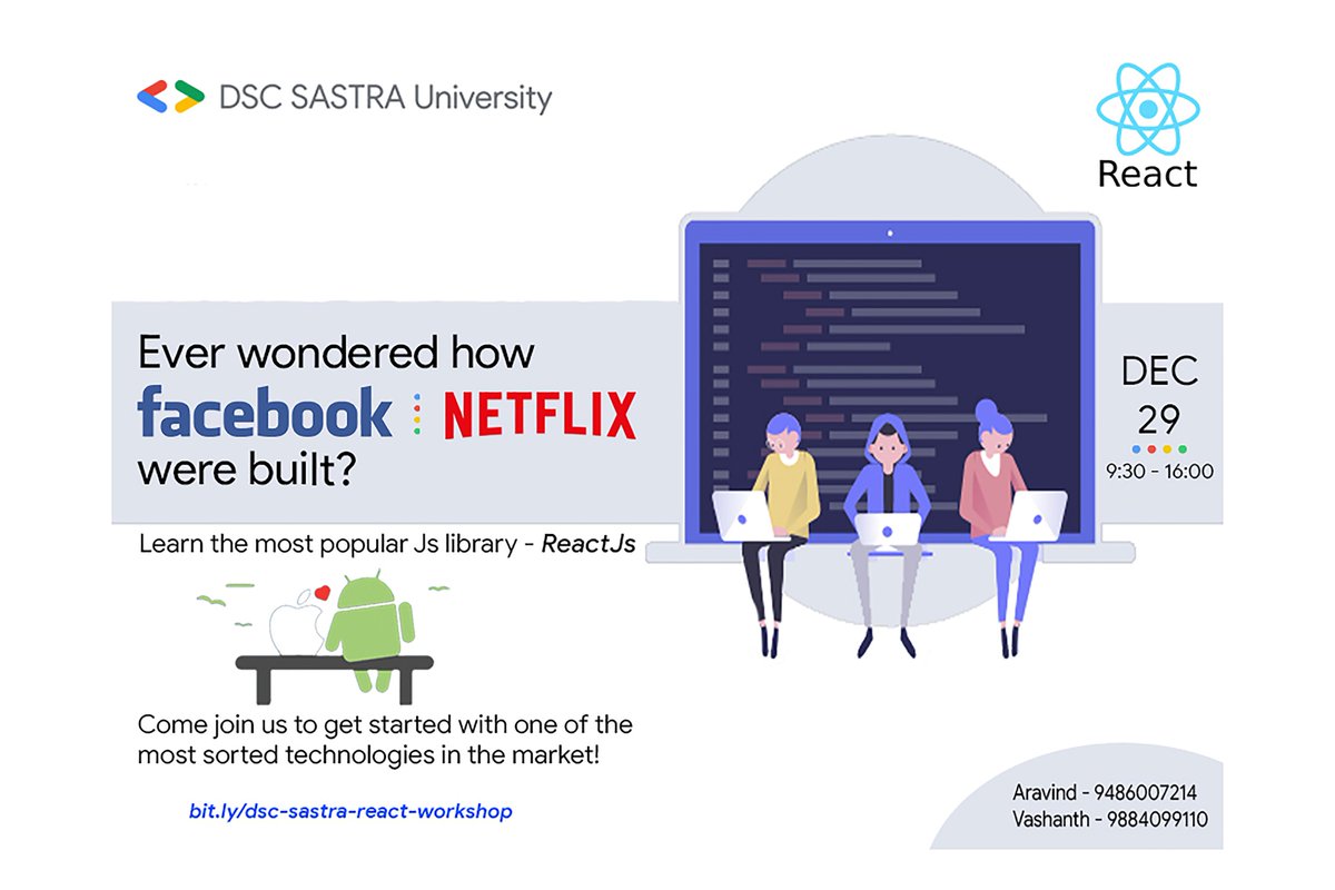 dcs_sastra's tweet photo. Join us Sunday to learn how modern Web Apps are built using React.js!
Link: https://t.co/swQ7OCBPi4
@google @googleindia @googledevs @googlestudents @Facebook @fbplatform @facebookdesign
#dsc19 #DSC #dscsastra #reactjs #reactjsdeveloper #facebook #React #developerstudentclubs https://t.co/4u3CHOBNfq